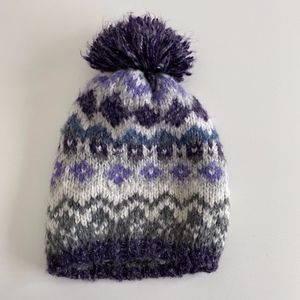 Grey and Purple Knit Pom Pom Winter Hat